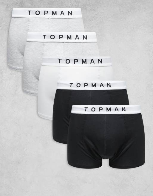 Topman – Zestaw 5 par bokserek w kolorach czarnym, białym i szarym melanżowym z białą taśmą w talii