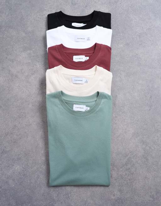 Topman – Zestaw 5 T-shirtów o regularnym kroju w kolorach białym, écru, khaki, czarnym i bordo