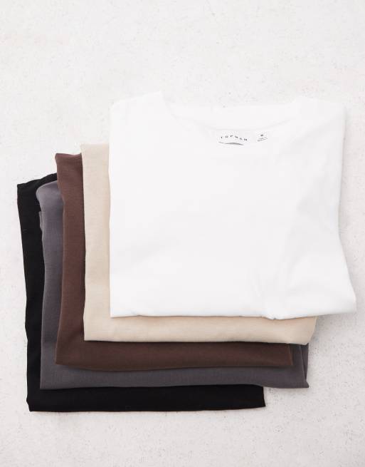 Topman – Zestaw 5 T-shirtów o regularnym kroju w kolorach czarnym, białym, szarobeżowym, grafitowym i brązowym