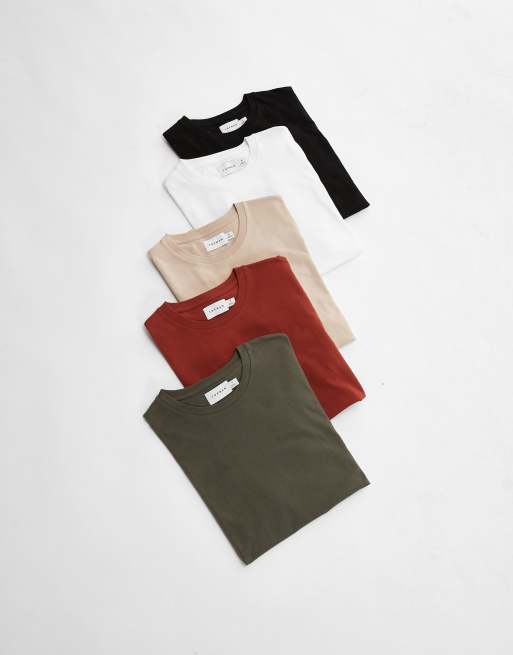 Topman – Zestaw 5 T-shirtów o regularnym kroju w kolorach czarnym, białym, szarobeżowym, khaki i bordowym