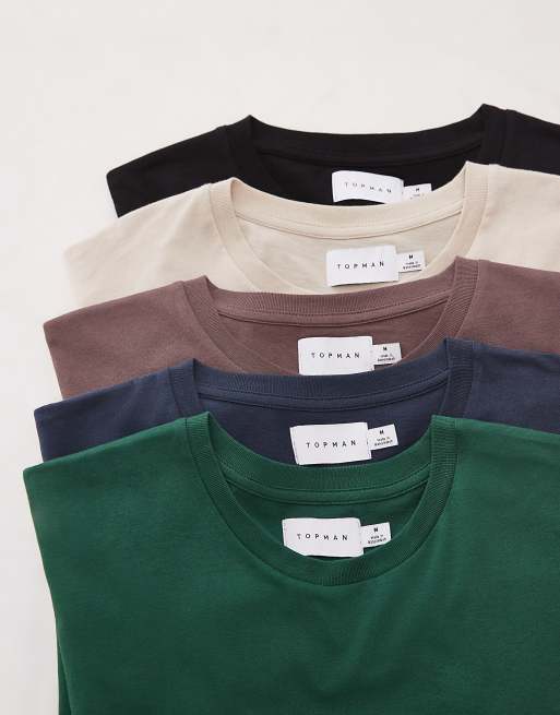 Topman – Zestaw 5 T-shirtów o regularnym kroju w kolorach czarnym, brązowym, szarobeżowym, granatowym i zielonym