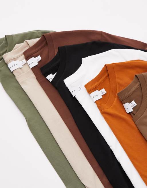 Topman – Zestaw 7 klasycznych T-shirtów w kolorach czarnym, białym, szarobeżowym, rdzwopomarańczowym, khaki i brązowym
