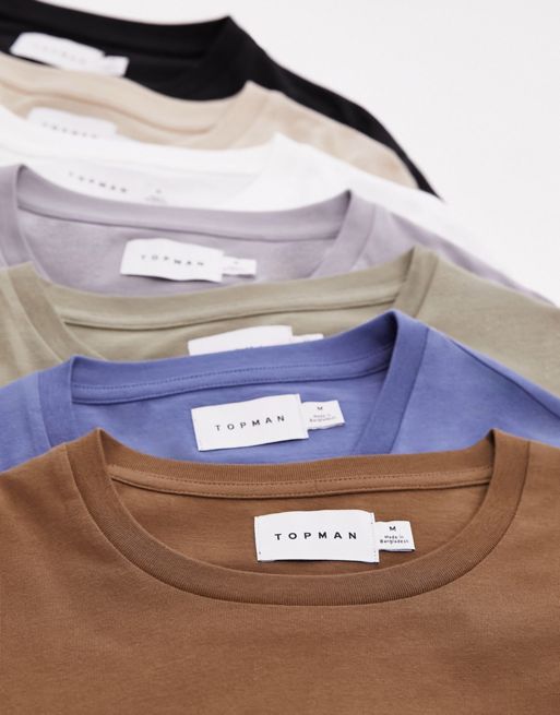 Topman – Zestaw 7 klasycznych T-shirtów w kolorach czarnym, białym, szarym, szarobeżowym, niebieskim, brązowym i khaki