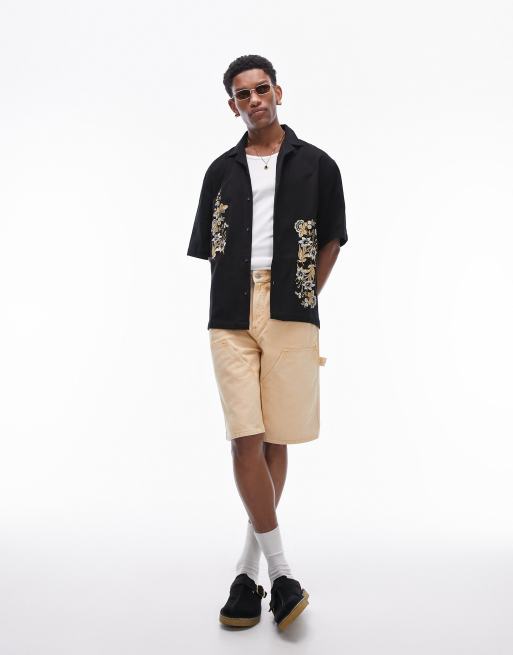 Topman – Zielona koszula z krótkimi rękawami w haftowany kwiatowy wzór