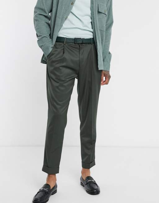 Topman – Zielone eleganckie spodnie o obcisłym kroju z plisami