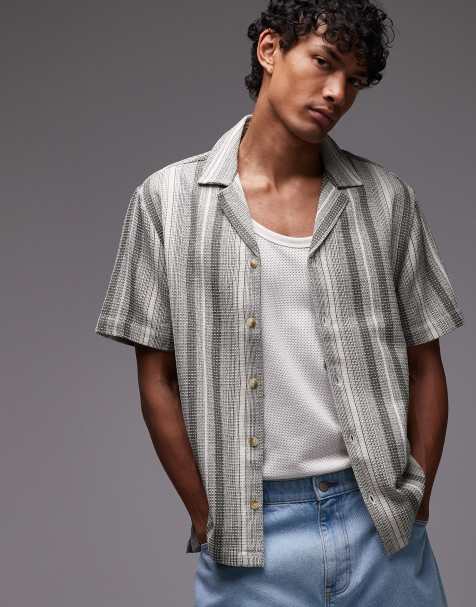 Topman short sleeve revere stripe shirt in green and white