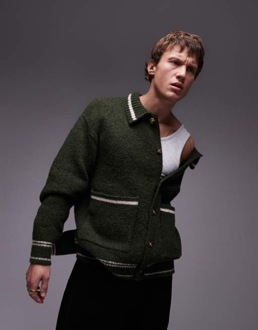 Topman – Zielony gruby kardigan ze szczotkowanej dzianiny z lamówką i kołnierzem