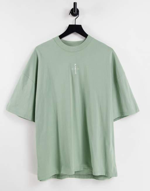 Topman – Zielony T-shirt oversize z zabudowanym dekoltem i gumowanym napisem „Paris”