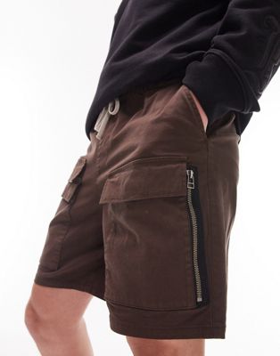 Topman zip double cargo pocket short in brown