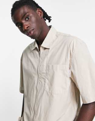 Topman Zip Through Oversized Shirt In Stone-neutral In Neutral