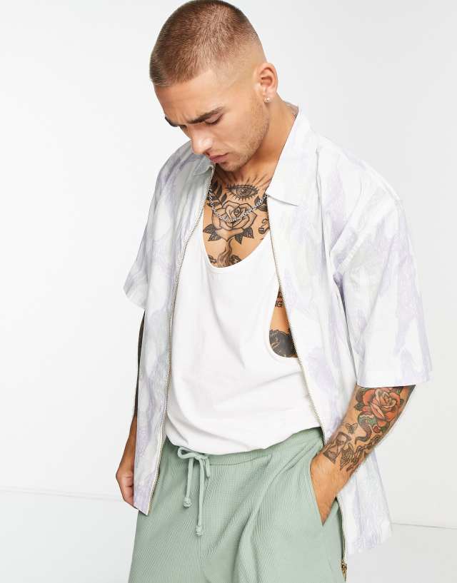 Topman zip through shirt with scribble print in white and purple