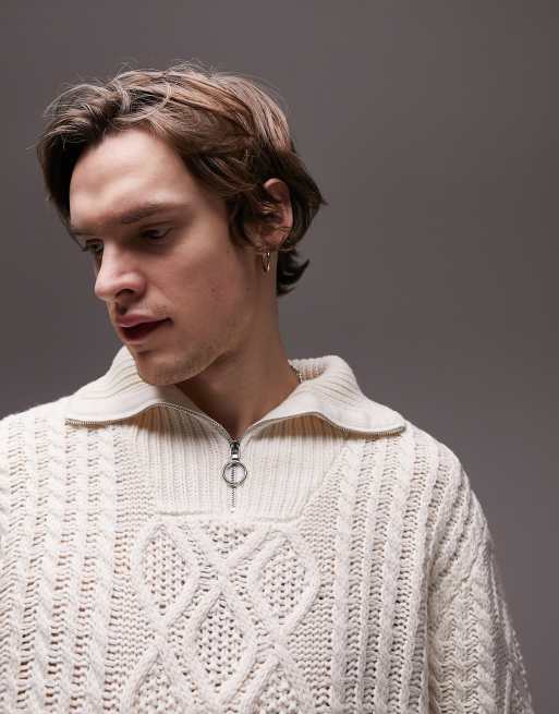 Topman – Zopfstrickpullover in Ecru mit kurzem 1/4-Reißverschluss