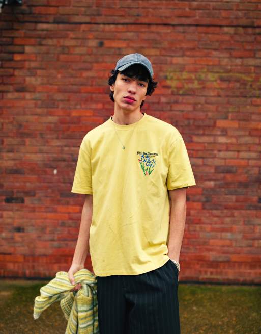 Topman – Żółty T-shirt oversize z nadrukiem Hotel Des Vincennes i haftowanym wzorem