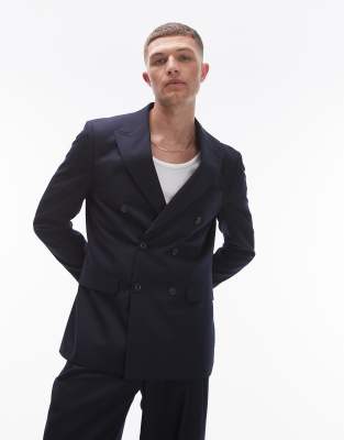Topman – Zweireihige, schmal geschnittene Anzugjacke aus Leinenmischung in Marineblau - view 1