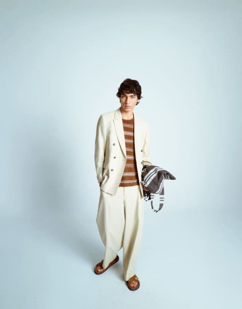 Topman – Zweireihiger Blazer aus Leinenmix in Steinbeige - view 1