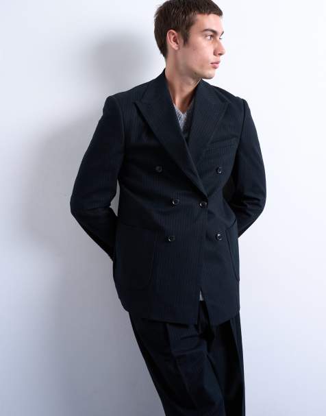 Topman – Zweireihiger, gestreifter Blazer aus wollähnlichem Stoff in Marineblau - view 1