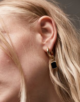 Topshop 14k gold plated black stone hoop earrings