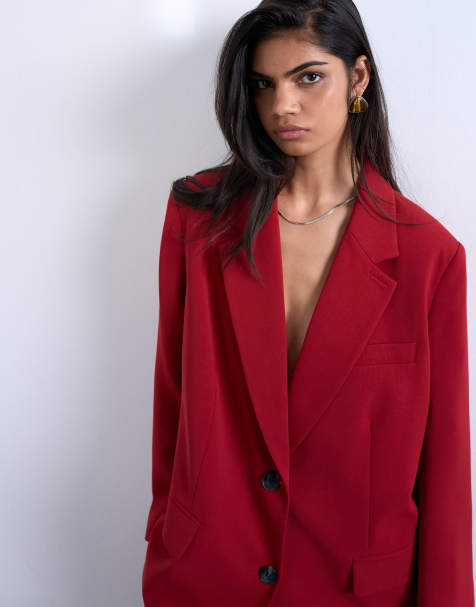 Topshop 2 button relaxed fit blazer in cherry red - view 1