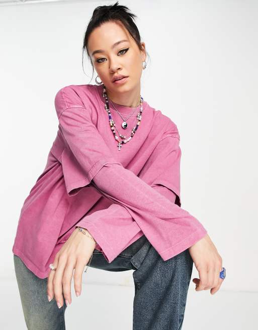 Topshop - 2-in-1 skater T-shirt met lange mouwen en wassing in roze