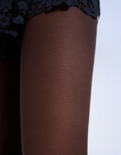 Model wearing 2 pack 50 denier tights in chocolate