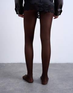 Model wearing 2 pack 50 denier tights in chocolate