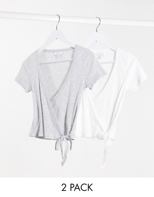 Topshop 2 pack ballet wrap tops in grey and white