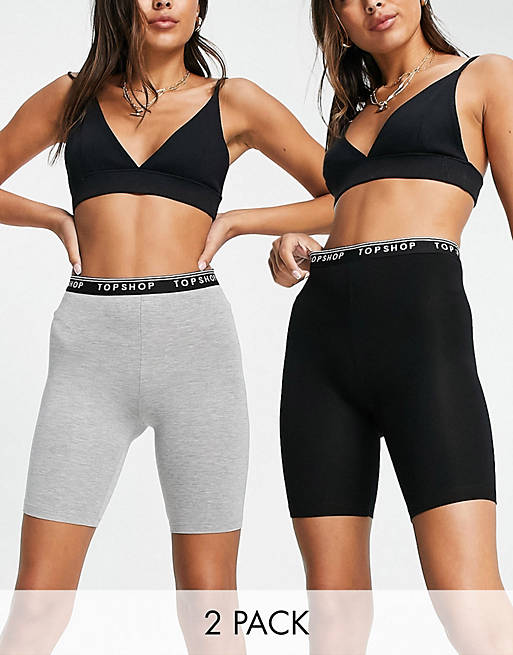 Topshop 2 pack branded waist legging short in black and grey
