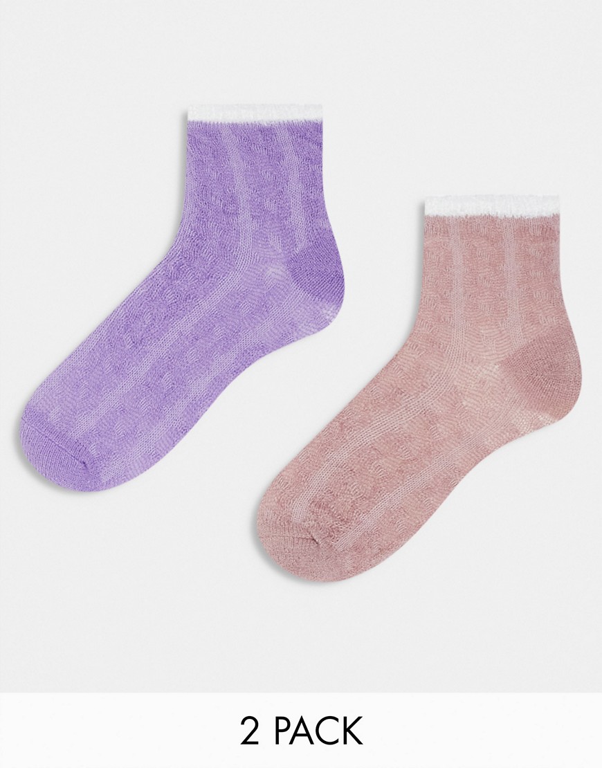 Topshop 2 pack cable socks in lilac and dusky pink-Multi