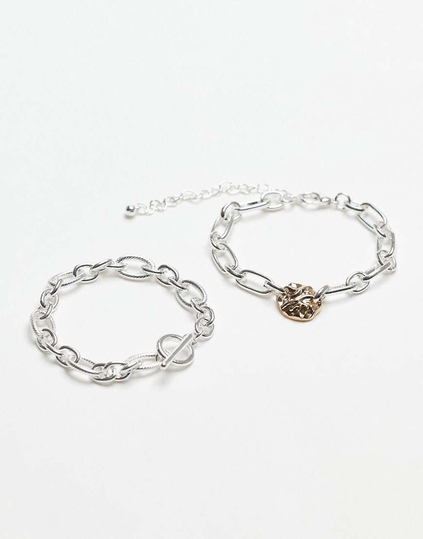 Topshop 2 pack chain bracelets with charm in silver-Multi