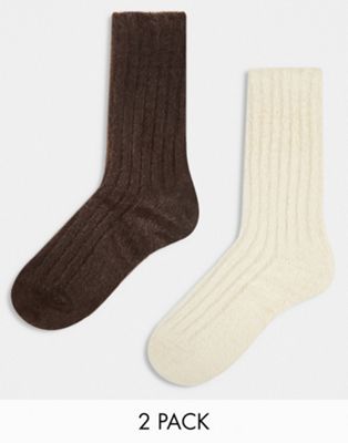 Topshop 2 pack cosy feather yarn socks in cream and chocolate