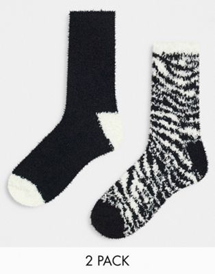 Topshop 2 pack fuzzy socks in zebra print