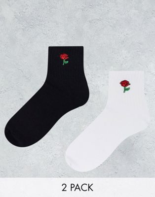 Topshop 2 pack rose embroidered sock in white and black