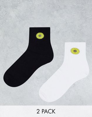 Topshop 2 pack sunflower  embroidered sock in white and black