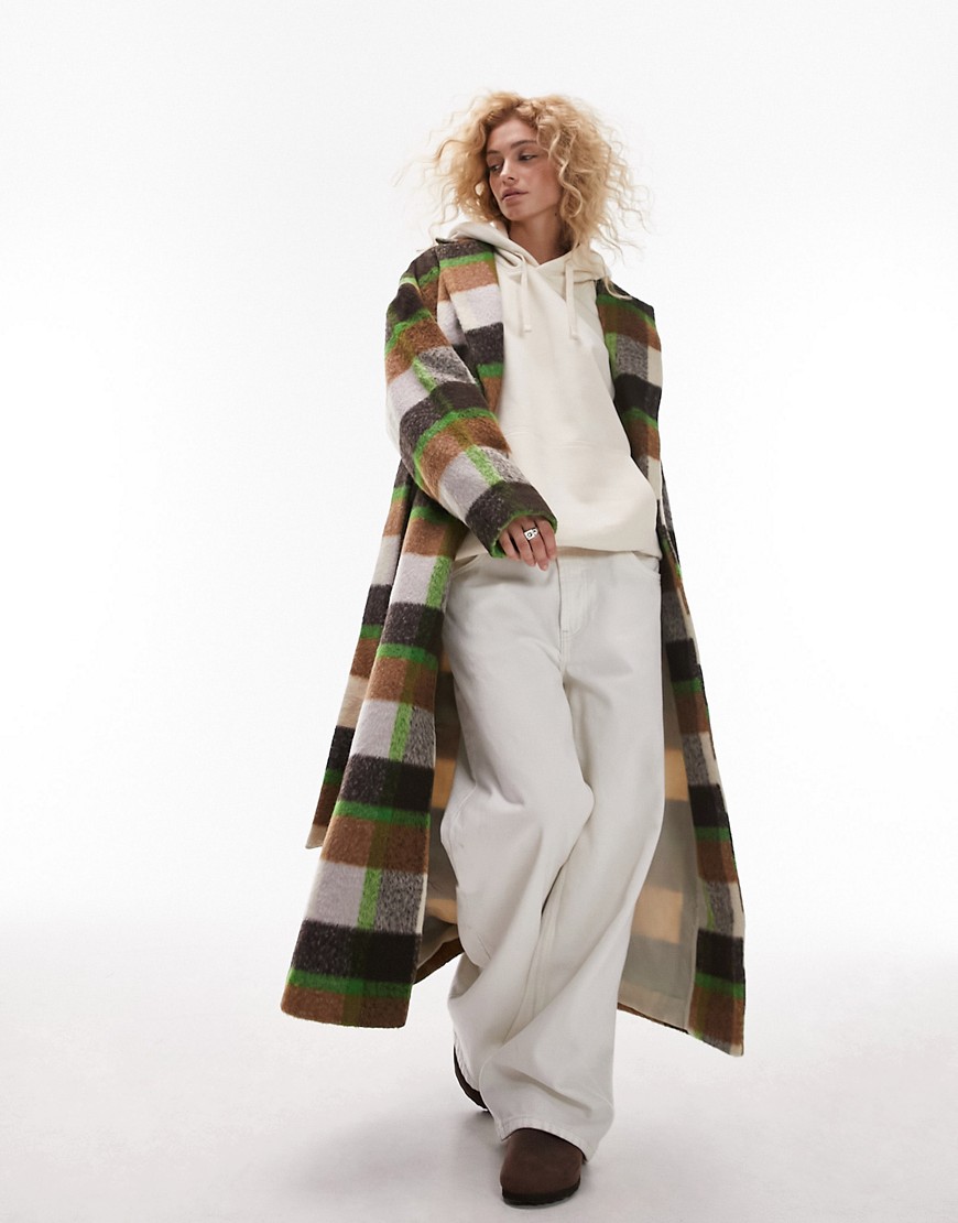 Topshop 20% wool brushed check coat in cream and green