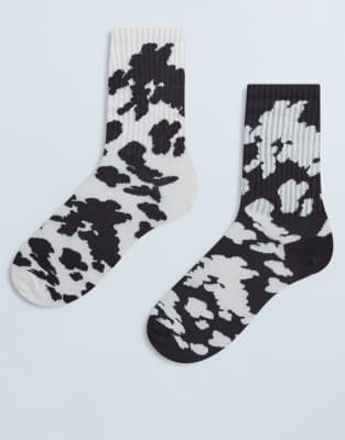 Topshop Topshop 2pk sporty rib cow print socks in choc and cream cow-Brown