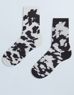 2pk sporty rib cow print socks in choc and cream cow