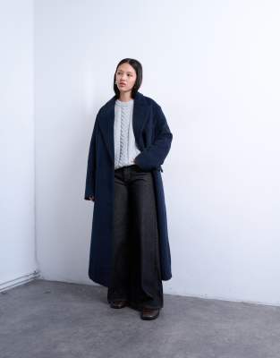 Topshop 3 Button Brushed Wool Blend Coat In Blue