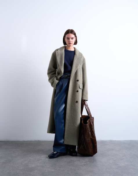 Topshop 3 button brushed wool blend coat in sage - view 1