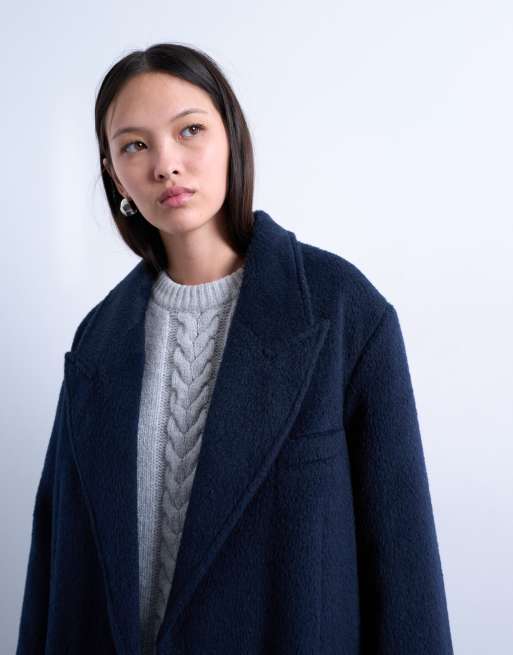 Topshop - 3 - Marineblå børstet frakke med knapper i uld, 3 af 4