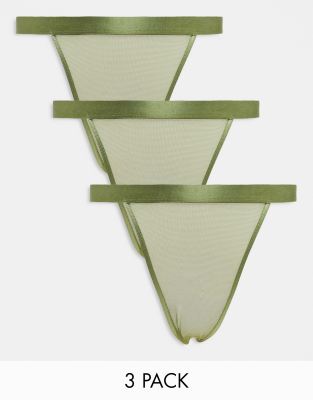 Topshop 3 Multipack Mesh Thong In Khaki-green