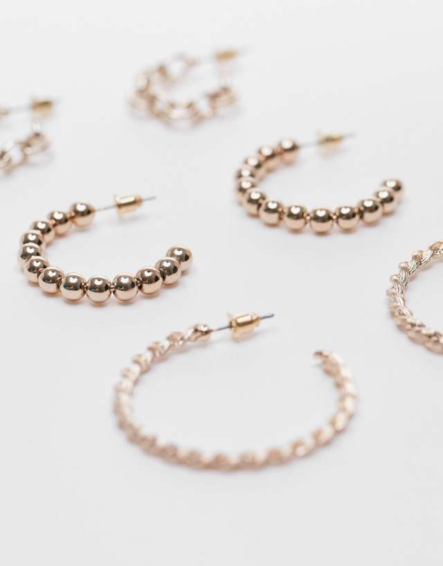 Topshop 3-pack ball chain hoop earrings in gold