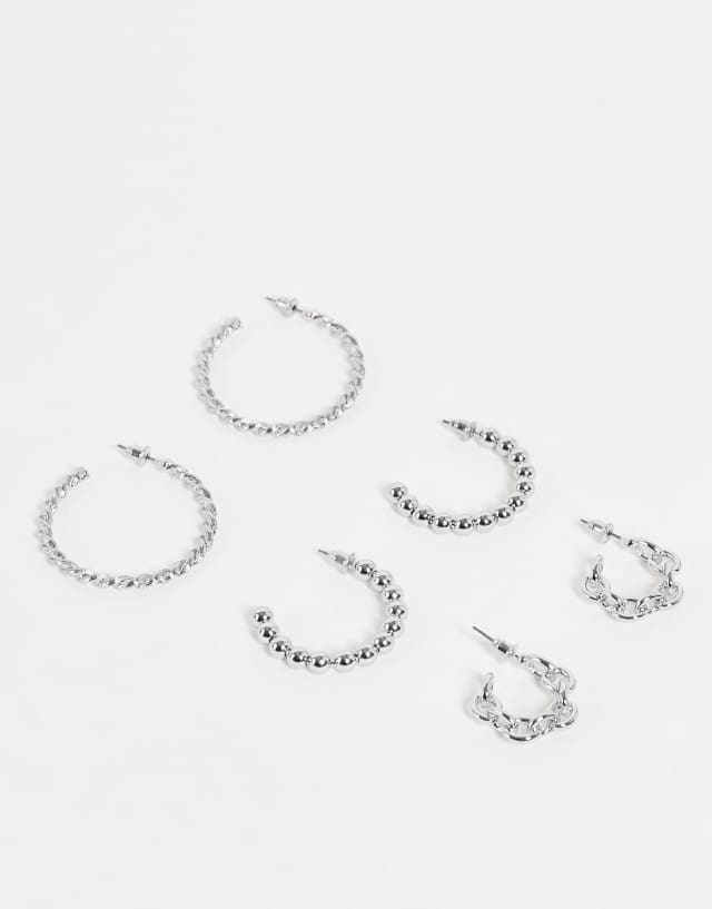 Topshop 3-pack ball chain hoop earrings in silver