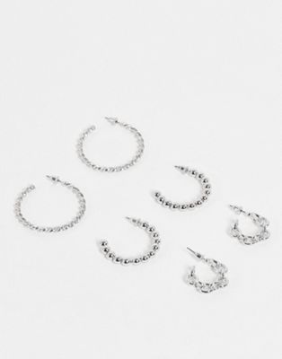 Topshop 3 pack ball chain hoops earrings in silver