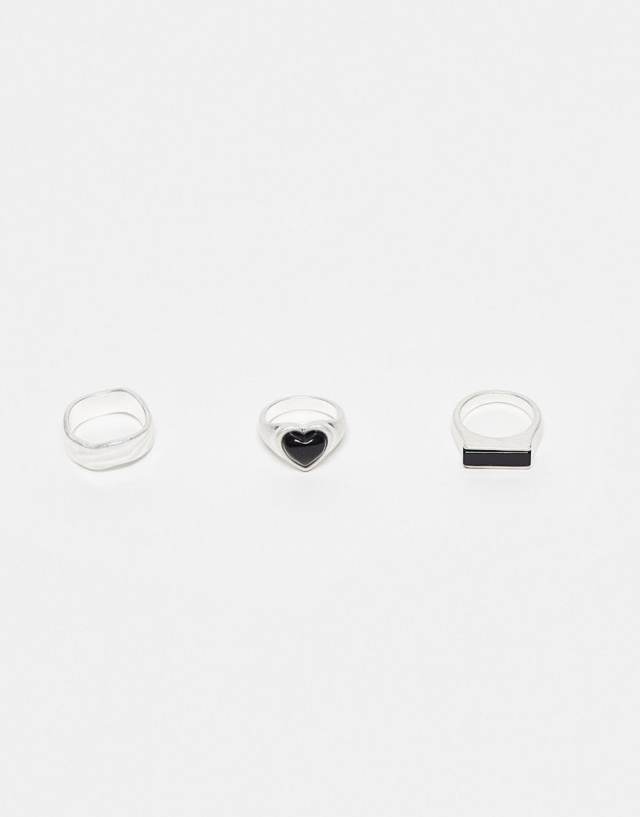 Topshop 3-pack jet heart rings in silver