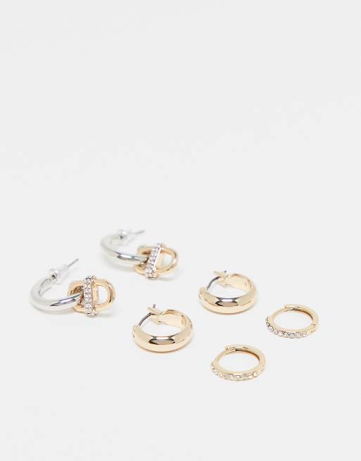 Topshop 3 pack paved hoop earrings in gold