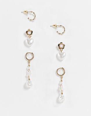 Topshop 3 pack pearl charm drop earrings in gold