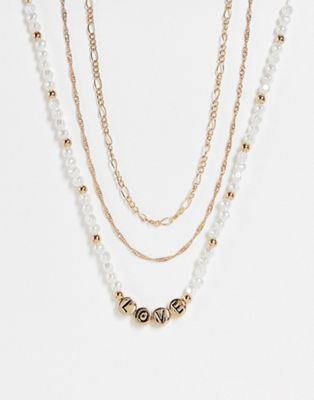 Topshop 3 pack pearl chocker and chain necklace in gold