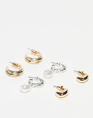 Topshop 3 pack pearl mixed metal hoop earrings