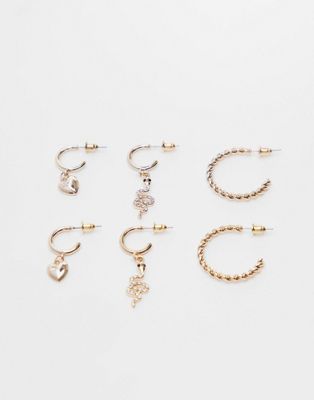Topshop 3 pack snake and heart charm earrings in gold