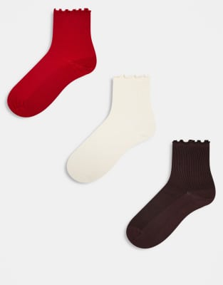 Topshop 3pk Delilah frill socks in buttermilk, chocolate and red - view 1